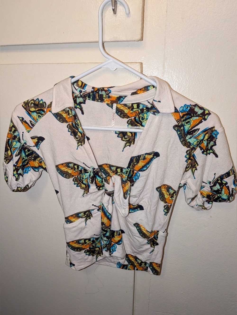 Free People Cream Butterfly Print Tie-Front Top with Turquoise & Mustard Accents